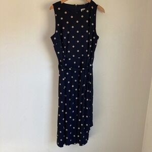 Anne Klein Navy Blue Tan Polka Dot Sleeveless Tie Waist Midi Dress Womens Size 8